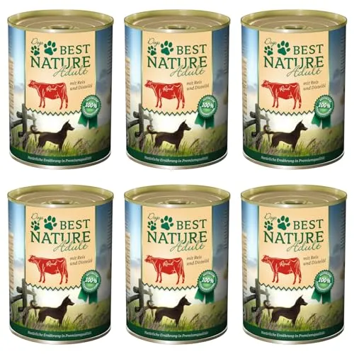 Best Nature Adult, Nassfutter für Hunde, 6X 400g - Rind, Reis und Distelöl - Hundefutter in Premiumqualität
