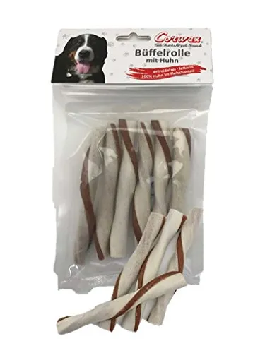 Corwex Büffelrolle (10x100g), Kausnack mit Büffelfleisch, getreidefrei & fettarm, Hundesnack mit 100% Huhn im Fleischanteil