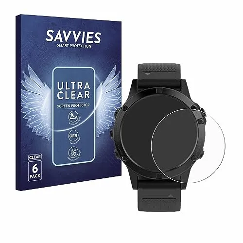 Savvies 6 Stück Schutzfolie für Garmin fenix 5 (47 mm) / 5 Plus (47 mm) Displayschutz-Folie Ultra-Transparent