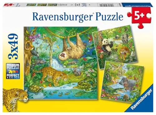 Ravensburger Kinderpuzzle - 05180 Im Urwald - Puzzle für Kinder ab 5 Jahren, mit 3x49 Teilen