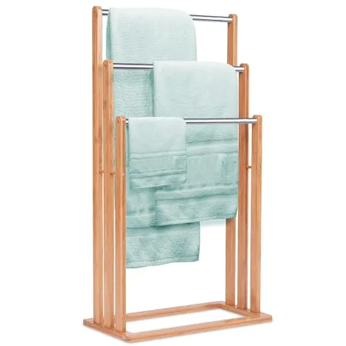 COSTWAY Handtuchhalter stehend aus Bambus - Handtuchständer mit 3 Edelstahl Stangen, freistehend und ohne Bohren, ideal für Badezimmer und vielseitig einsetzbar, robust und feuchtigkeitsbeständig.