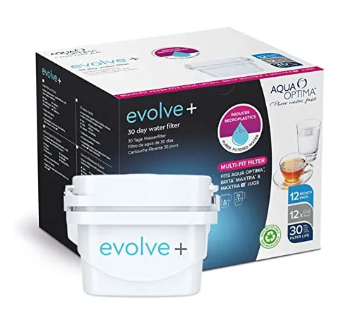 Aqua Optima EPS212 Evolve+ 30-Tage Wasserfilterkartusche - 12er-Pack für 12 Monate - Wasserfilterkartuschen für Trinkwasser, kompatibel mit über 90% der Filterkrüge. Genießen Sie reineres Wasser und sparen Sie Geld durch weniger Plastikflaschen.