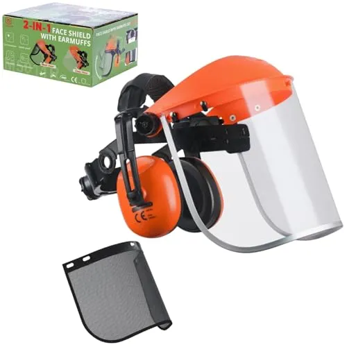 GUARDLEAD Gesichtsschutz und Gehörschutz Kombination, 2 in1 Visier mit klappbarem Polycarbonatvisier und Maschenvisier, verstellbarer Schutzschild für Gartenarbeit und industriellen Lärm