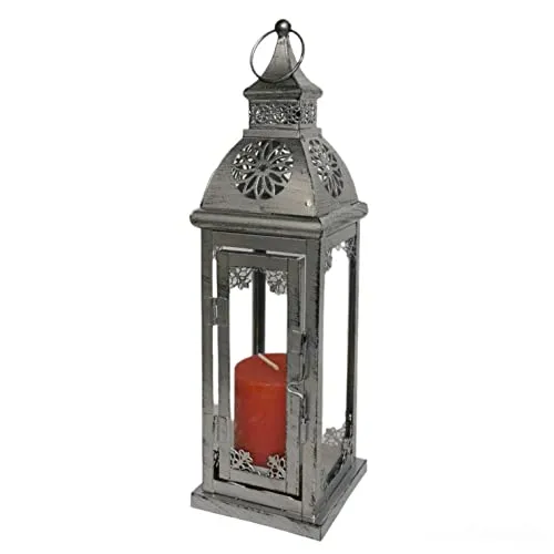 Laterne in Silber antik aus Metall und Echtglas, mit Tür, Metalllaterne mit Ornamenten 33cm groß
