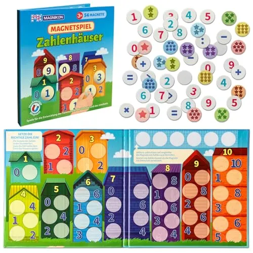 MAGNIKON Magnetspiel Zahlenhäuser 54 Magnete, Zahlenspiel zum Rechnen Lernen, Kinder Motorikspielzeug mit großem Spielfeld für die Beschäftigung bei der Autofahrt, Lernspiel, Geschenk für Kinder