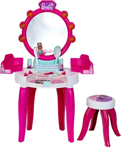 Klein Schminktisch Barbie, Schönheitsstudio für kleine Stylisten - Schminktisch im ikonischen Barbie-Design mit Spiegel, Hocker und umfangreichem Zubehör für kreatives Styling und individuelle Gestaltung.