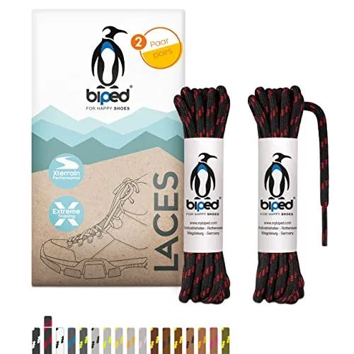 biped LACES 2 Paar Wanderschuh Schnürsenkel Polyester rund ø 4 mm extra robust - reißfeste Qualitäts- Schuhbänder für Hiking, Trekking und Arbeitsschuhe z2917(#B17 black/red,120 cm)