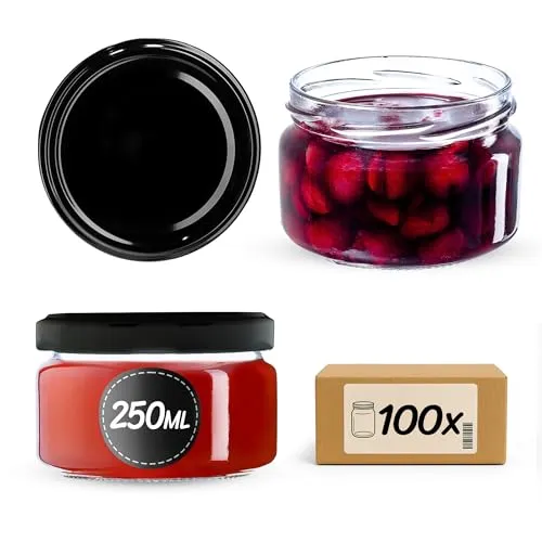 KADAX 100er Set Marmeladengläser 250ml mit Schraubdeckel Ø 82 mm in Schwarz - luftdichte, spülmaschinenfest, ideal für Marmelade, Chutneys, Eingelegtes Gemüse, Fleisch, Pasteten & Babynahrung