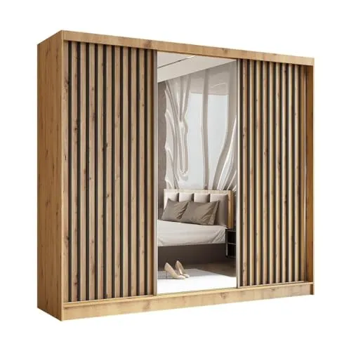 Beautysofa Schwebetürenschrank Helix, Eiche Artisan, Schwarz - Kleiderschrank mit 12 Fächern, eleganten Lamellen und großem Spiegel, ideal für stilvolle und platzsparende Aufbewahrung im Schlafzimmer