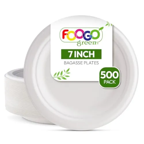 FOOGO Green Einweg-Zuckerrohr-Bagasse-Teller, Ø 18 cm, 100 Stück, für Desserts und Vorspeisen, umweltfreundlich, biologisch abbaubar, für Picknick, Party, kleine runde stabile Pappteller