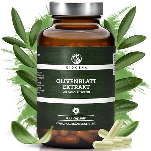 QIDOSHA® Hochdosierter Olivenblattextrakt mit 60% Oleuropein, 180 Kapseln - Premium Olivenblattextrakt mit 500mg pro Kapsel. Höchster Oleuropein-Anteil am Markt, getestet auf Reinheit und Qualität. Ideal für eine langfristige Versorgung, 6 Monate bei täglicher Einnahme.