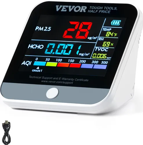 VEVOR 8-IN-1 Mini-Luftqualitätsmessgerät PM1.0/2.5/10 HCHO TVOC Tester - Gasmelder: Präziser Luftqualitätsmonitor mit 4,1-Zoll-LCD-Farbbildschirm zur Echtzeitüberwachung von Schadstoffen und Luftfeuchtigkeit für ein gesundes Raumklima.