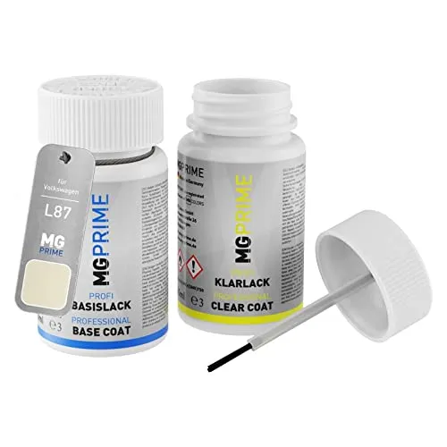 MG PRIME Autolack Lackstift Set für Volkswagen VW L87 / T4 13 Perlweiss/Pearl White Basislack Klarlack je 50ml