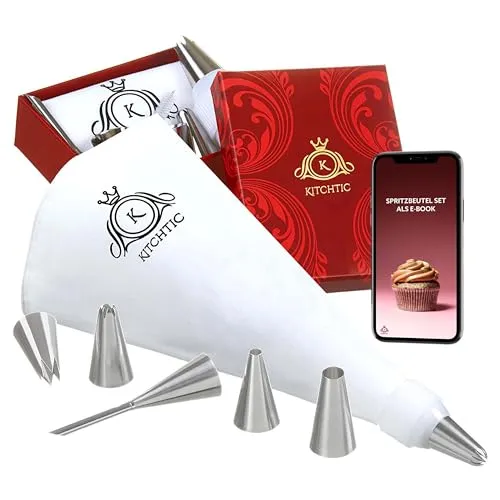 KITCHTIC Premium Spritzbeutel Set 6-teilig - Wiederverwendbarer Spritzsack aus Baumwolle mit 6 Edelstahl Spritztüllen, Adapter, Reinigungsbürste, Spülmaschinen geeignet, Für Backen, Geschenkbox