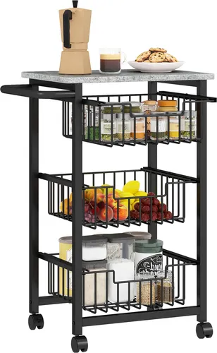 HOMCOM Küchenwagen Servierwagen mit Arbeitsplatte, 3 ausziehbaren Stahlkörben, Rollwagen für Büro, 49,5 x 31 x 69 cm, Hellgrau