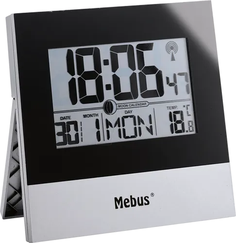 MEBUS 41787 - Funk-Wanduhr, digital, Kalender, Temperatur, silber/schwarz