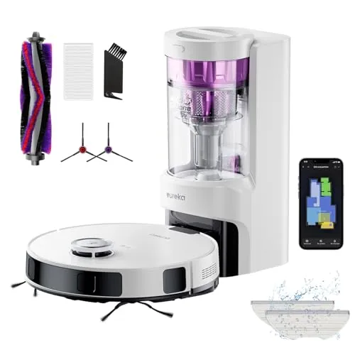 EUREKA E10s 2.Gen Saug- & Wischroboter + beutelloser Multi-Zyklon-Absaugstation (4000Pa, auto Teppicherkennung & auto Mop Lifting, LiDAR-Navigation, ideal gegen Tierhaare, App- & Sprachsteuerung) weiß