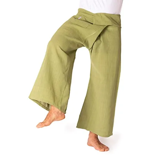 PANASIAM Fisherman Pants HW, Olive XL - Wanderhosen aus 100% Baumwolle, handgewebt und in vielen Farben erhältlich. Ideal für Yoga, Meditation und als bequeme Umstandshose dank praktischer Wickeltechnik.