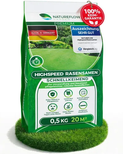 Rasensamen schnellkeimend Frühjahr 0,5kg – TEST SEHR GUT – Made in Germany - ✅ SCHNELLE KEIMUNG: Diese hochwertige Rasenmischung zeigt bereits nach wenigen Tagen erste Keime. Ideal für eine schnelle Begrünung Ihrer Flächen. ✅ DENSES GRÜN: Für einen ästhetischen, dichten Rasen, der jeden Garten aufwertet.