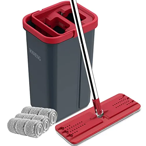 BOSHENG Wischmopp und Eimer mit Auswringer-Set, freihändiger flacher Bodenwischer und Eimer, 3 waschbare Mikrofaser-Pads, Nass- und Trockenanwendung, Bodenreinigungssystem für Zuhause, Schwarz und Rot