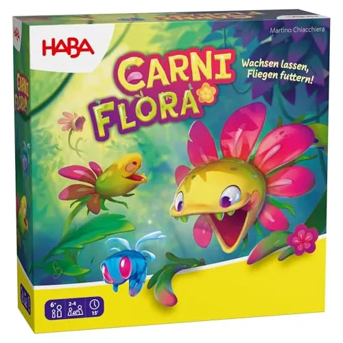 HABA Carni Flora – Wachsen Lassen, Fliegen futtern! – Kinderspiel für 2–4 Spieler ab 6 Jahren, strategisches Legespiel mit Pflanzen – 2012211001