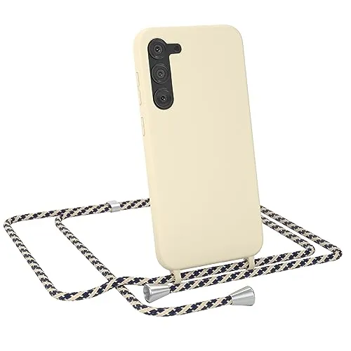 EAZY CASE - Handykette austauschbares Band - kompatibel mit Samsung Galaxy S23 Plus Silikon Necklace(abnehmbar),Stoßdämpfung bei Sturz, Taupe mit Taupe/Blau Camouflage Clip Silber