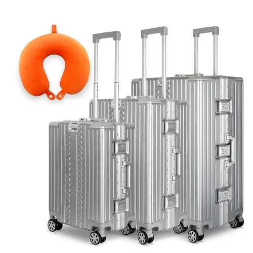 WINLIFE Hartschalen-Koffer Set mit Nackenkissen – M, L, XL in Silber - Koffer Set M, L & XL in Silber – Stabil und langlebig für jede Reise. Inklusive ergonomischem Memory-Schaum-Nackenkissen für erhöhten Reisekomfort.