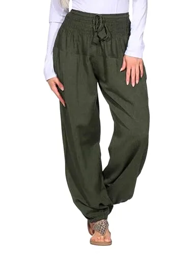 KUNST UND MAGIE Haremshose - Jumpsuits für Damen, aus 100% Baumwolle, ideal für Yoga und Wellness, sorgt für hohen Tragekomfort und lässigen Hippie-Stil in Army Green.