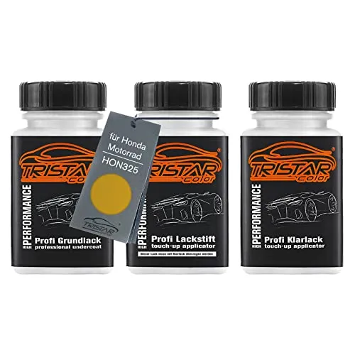 TRISTARcolor Motorradlack Lackstift Set für Honda Motorrad HON325 Pearl Amber Yellow Grundlack Basislack Klarlack je 50ml