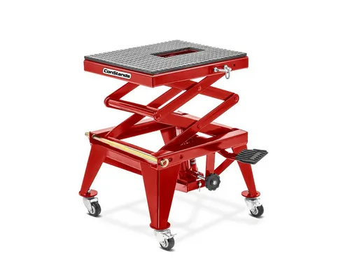 ConStands Hydraulik Hebebühne Crosslift XL mit Rädern rot - Motorradhebebühne mit hydraulischem Antrieb, ideal zum mühelosen Aufbocken von Offroad- und Supermoto-Maschinen. Ausgestattet mit Sicherheitsriegel und gummierter Auflagefläche für maximalen Schutz.