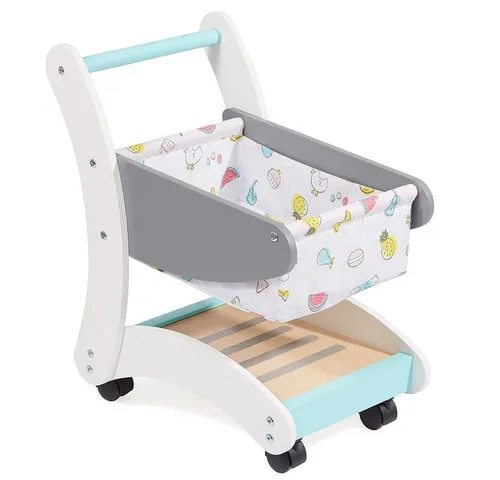 howa Spiel-Einkaufswagen Funny - Realistisches Rollenspiel für Kinder - Einkaufswagen aus Holz mit geräumigem Korb und Stauraum, ideal für fantasievolles Spielen und sicheren Spaß dank kindersicherer Farben.