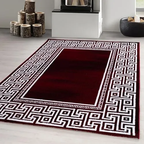 Carpetsale24 Teppich Läufer 80x300 cm Rot Modern Mäander Design Kurzflor für Wohnzimmer Schlafzimmer Esszimmer Küche Flur Jugendzimmer Waschbar Pflegeleicht Extra Weich
