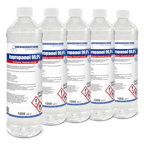 Ravensberger Chemie Isopropanol 99,9% IPA – Hochreiner Reinigungsalkohol für vielseitige Anwendungen (5x 1 Liter) - ✅ Isopropanol 99,9 % (IPA) – ideal zum Entfernen von Fett- und Schmutzrückständen bei technischen Reinigungsarbeiten. ✅ Schnell verdunstend und rückstandsfrei, perfekt für empfindliche Oberflächen und präzise Anwendungen.