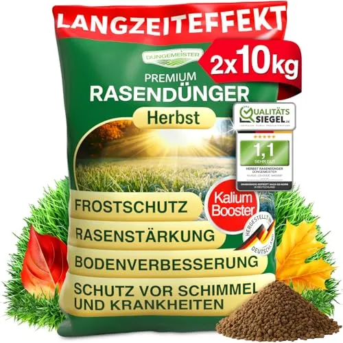 DÜNGEMEISTER Herbstrasendünger 20 kg - Optimaler Herbstrasendünger mit KaliumPlus für einen robusten Rasen. Schützt vor Frost und Krankheiten, sorgt für ein sattes Grün und bereitet Ihren Rasen perfekt auf die nächste Wachstumsperiode vor.