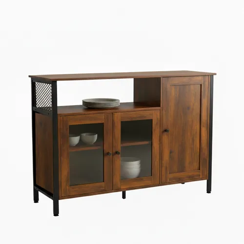 relaxdays Küchenbuffet Küchenschrank mit Glastüren Industrial-Schwarz - Buffetschrank im angesagten Industrial-Design mit 5 flexiblen Fächern für Geschirr und Gläser. Glastüren ermöglichen eine stilvolle Präsentation und bieten viel Stauraum.