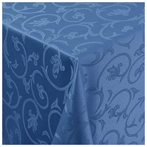 Tischdecke Damast Stoff Barock Tulpen Tischtuch Bügelarm oval 140x190 cm in Blau mit umgenähtem Rand Premium Qualität