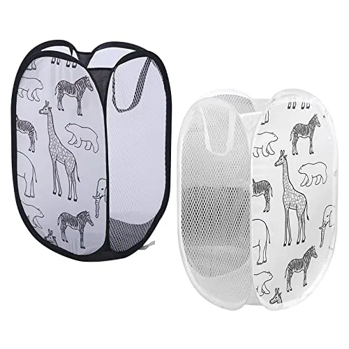 Hwtcjx Faltbarer Wäschekorb 2 Stück, Pop-up Wäschekorb Klappbar mit Mesh 30x30x48cm, Laundry Baskets mit Griffen Faltbarer Stoffkorb Pfandflaschen Sammelbehälter (Schwarz+Weiß)