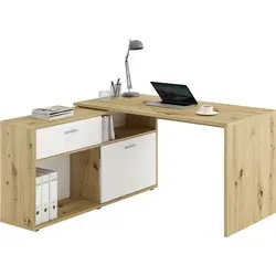 Schreibtisch >DIEGO< in Artisan Eiche Nachbildung-Brillantweiß - 138x75x138cm (BxHxT) - Schwarz/Silber