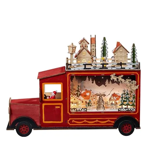 hellum LED-Lastwagen m. Winterszene/Stadt 15 BS warmweiß innen LED Lastwagen, rot, mit Weihnachtsmann und zweistöckiger Stadt Winterszene, mit 6h-Timer, warmweiß,