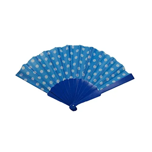 Pracht Creatives Hobby Handfächer 43x22cm Fächer Blau Weiß mit Punkten,Fächer Taschenfächer Windfächer Stofffächer Sommerfächer Klappfächer