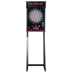 Karella Dartautomat E-MASTER Wandgerät, schwarz mit Standfuß - Dartscheiben für bis zu 4 Spieler, mit elektronischem Münzprüfer und flexiblem Standfuß. Ideal für gewerbliche und private Nutzung, bietet er ununterbrochenen Spielspaß und professionelle Spielvariationen.
