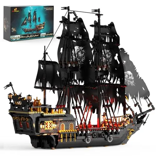JMBricklayer Piratenschiff Bauspielzeug mit Lichtern, Großes Pearl Piratenschiff Modellboot Klemmbausteine 40002, Aufregende Seeschlachten und Fluch des Untodes, Erwachsene Jungen Mädchen(1713 PCS)