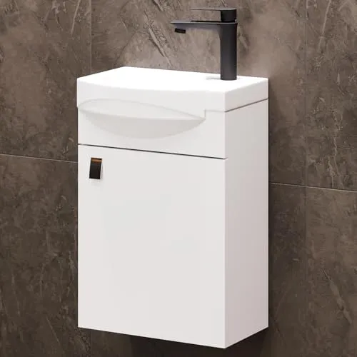 Planetmöbel Badmöbel Set Waschtisch mit Unterschrank 40 x 60 x 29 cm mit Waschtischarmatur schwarz für Badezimmer, Gäste WC & Bad, Weiß