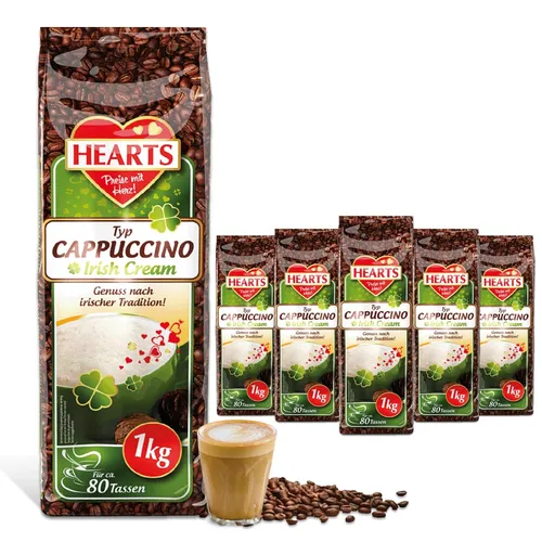 HEARTS Cappuccino Irish Cream 5 x 1kg - Haltbare Lebensmittel, cremiger Cappuccino mit dem einzigartigen Geschmack von Irish Cream – ideal für gemütliche Kaffeepausen.