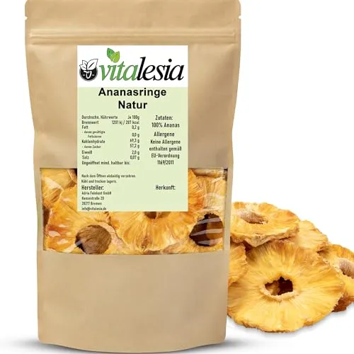 Vitalesia Ananas getrocknet 500g | naturbelassen | Ananasringe ohne Zuckerzusatz | fruchtig-süß | luftgetrocknet | Premium Qualität aus Costa Rica | Trockenfrucht | vegan