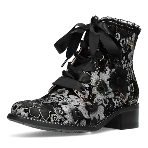 Laura Vita Damen Stiefelette Emcmao 45 - Floral gemustert mit Satinband - Wanderschuhe, elegante Stiefelette aus hochwertigem Leder mit floralem Muster und weicher Memoryschaum-Innensohle für optimalen Komfort und einen glamourösen Auftritt.
