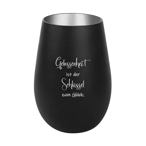 Der-Porzellan-Laden Windlicht mit Gravur Gelassenheit ist der Schlüssel zum Glück, Schwarz Silber, Teelichthalter aus Glas mit Spruch, Tischdeko modern