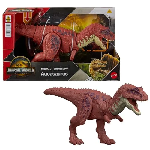 Mattel Jurassic World Wild Roar Aucasaurus - Dinosaurierspielzeug mit steuerbarem Beißangriff und Brüllgeräusch, ideal für actionreiche Abenteuer und digitale Sammlungen in der Jurassic World App.