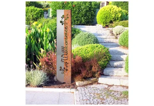tuning-art Gartenstecker EW100-KL-E - Willkommen Edelrost - Dekostecker aus Edelrost, 120cm hoch, ideal für einen herzlichen Empfang in Ihrem Garten.