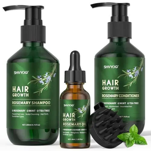 Rosmarin Shampoo Conditioner Set, Haarwuchsöl mit Rosmarin Minz Biotin, Shampoo gegen Haarausfall, reinigt das Haar und spendet ihm Feuchtigkeit, Mit Kopfhautmassagebürste, Geschenkset 200ml*2+30ml